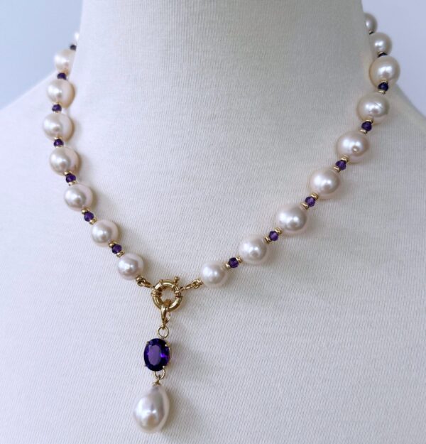 Pearl, Amethyst & 14k Necklace with Drop Tassel