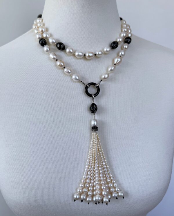 Pearl, Solid White Gold, Silver, Black Onyx &  Worry Bead Sautoir