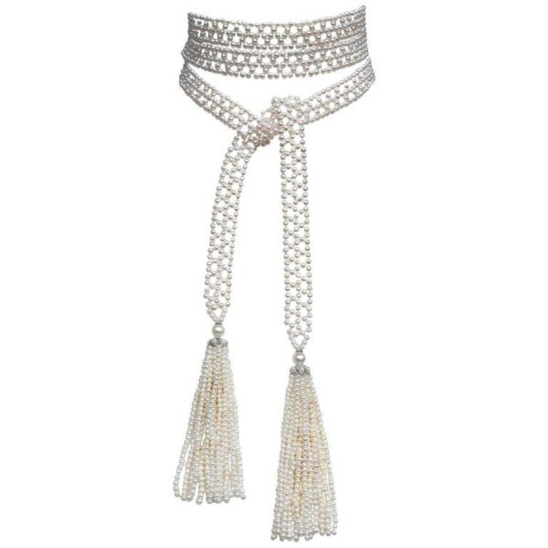Extra Long Pearl Woven Sautoir with solid 14k White Gold & Seed Pearl Tassels