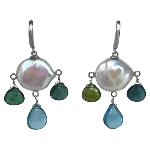 Pearl, Tourmaline, London Blue Topaz & 14K White Gold Earrings