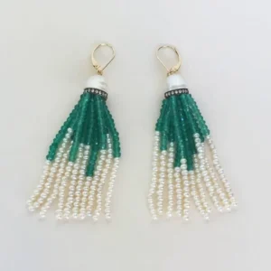 Pearl with Diamonds and Green Onyx Tassel Earrings