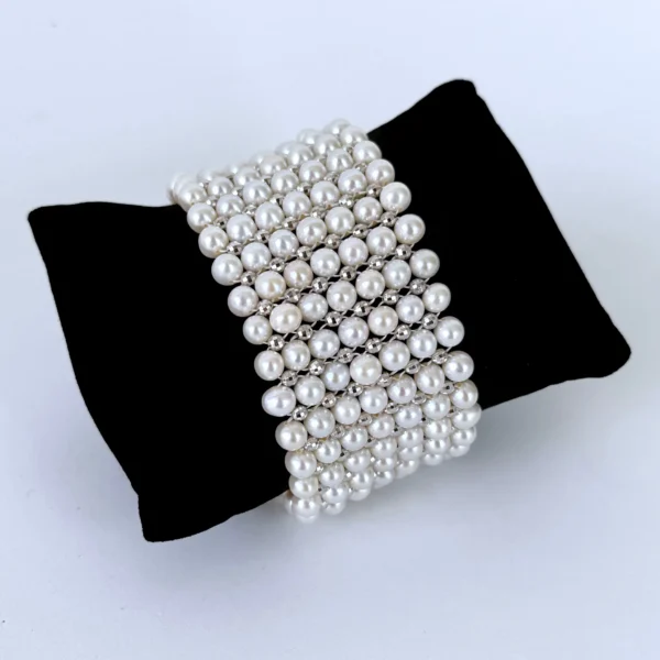 Pearl Woven Bracelet with Faceted Silver Rhodium Plated Beads