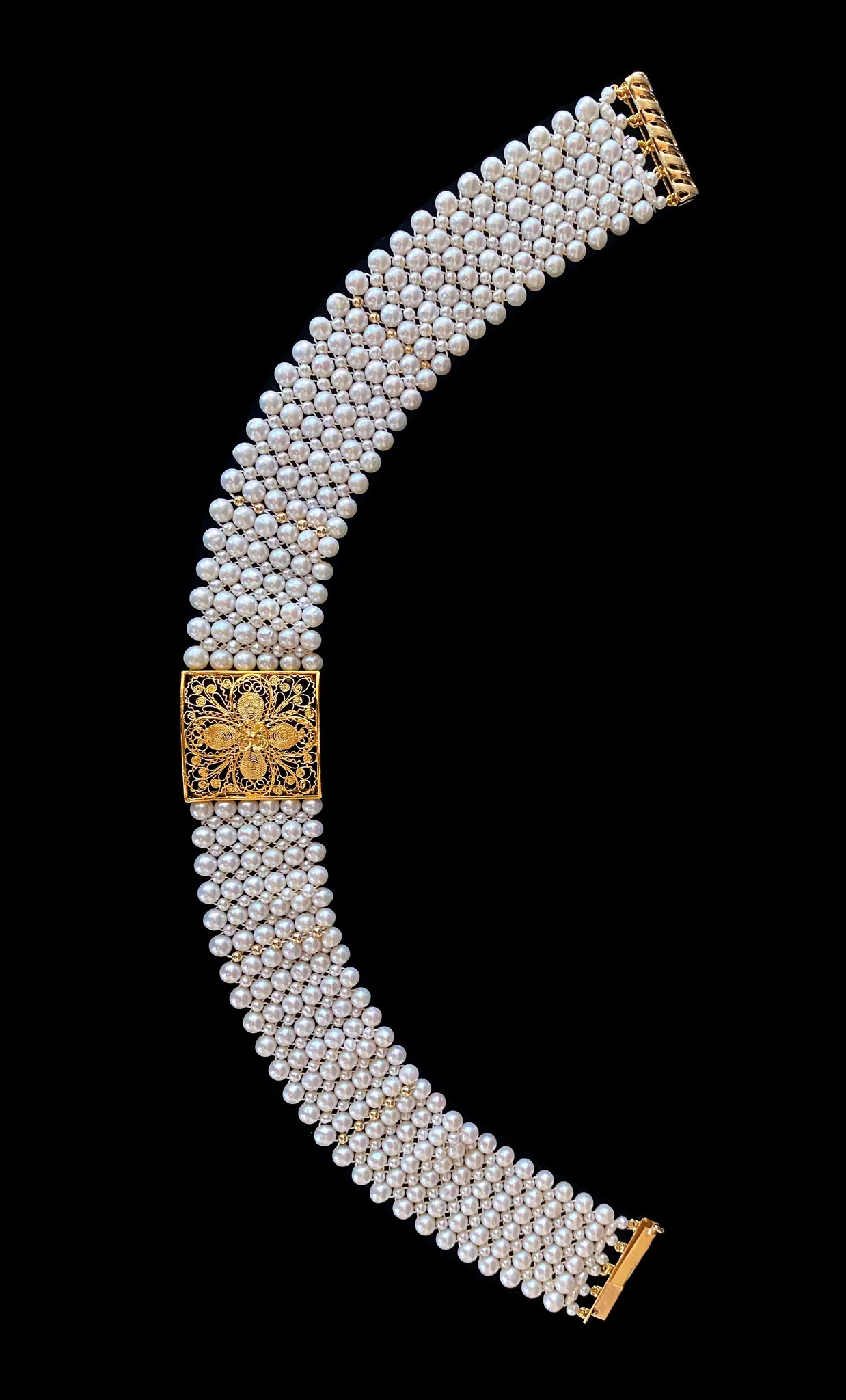 Pearl Woven Choker with 18k Yellow Gold Floral Centerpiece and Findings - Image 2