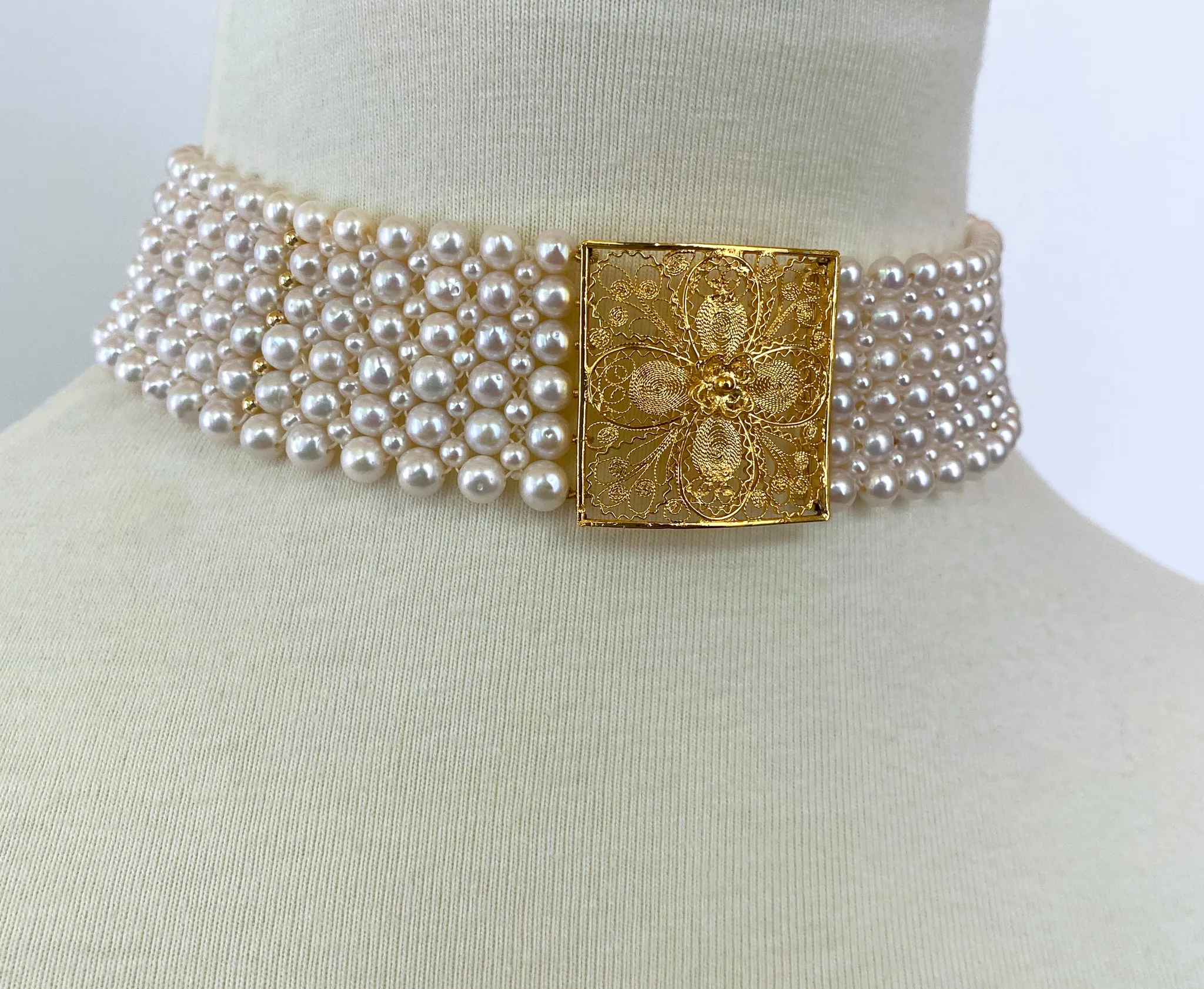 Pearl Woven Choker with 18k Yellow Gold Floral Centerpiece and Findings - Image 3
