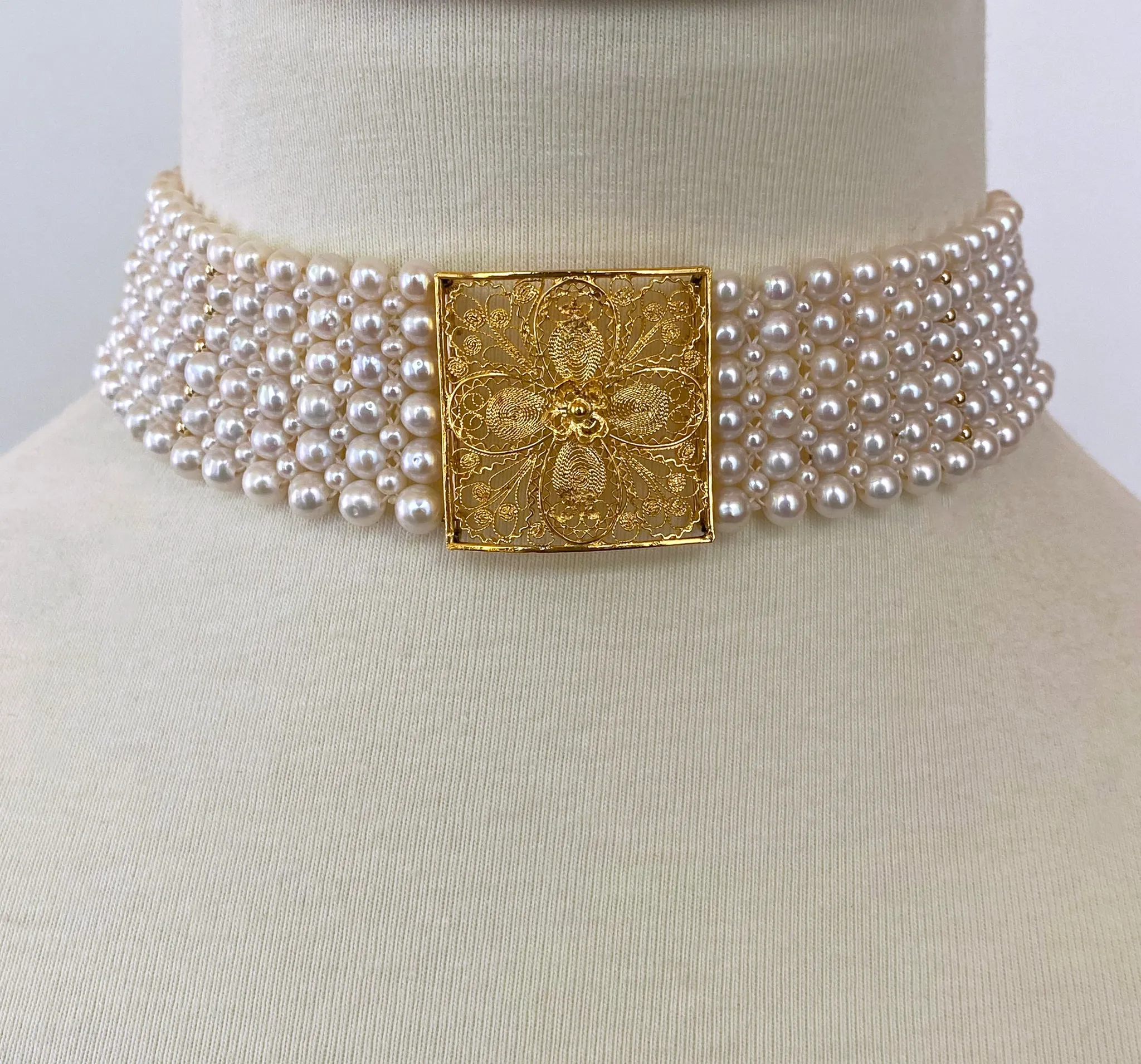Pearl Woven Choker with 18k Yellow Gold Floral Centerpiece and Findings - Image 4