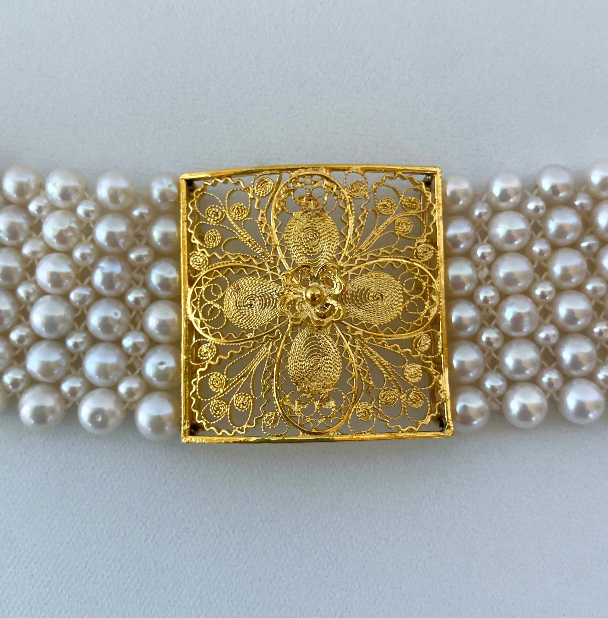 Pearl Woven Choker with 18k Yellow Gold Floral Centerpiece and Findings - Image 5