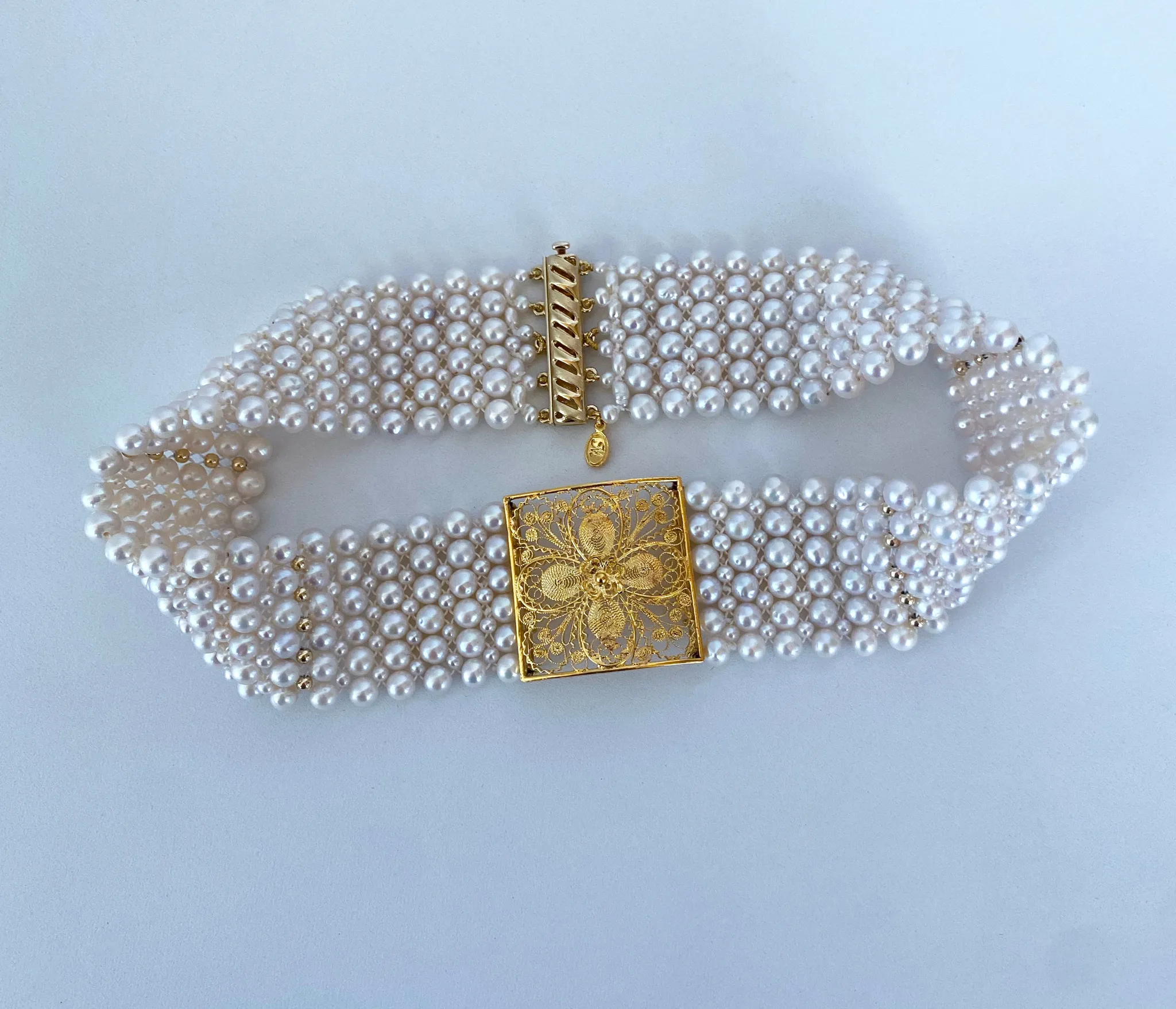 Pearl Woven Choker with 18k Yellow Gold Floral Centerpiece and Findings - Image 9
