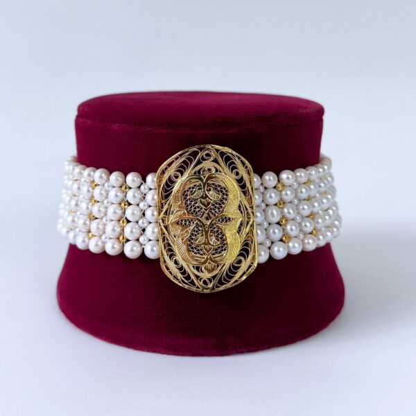Pearl Woven Choker with Vintage Filigree Centerpiece