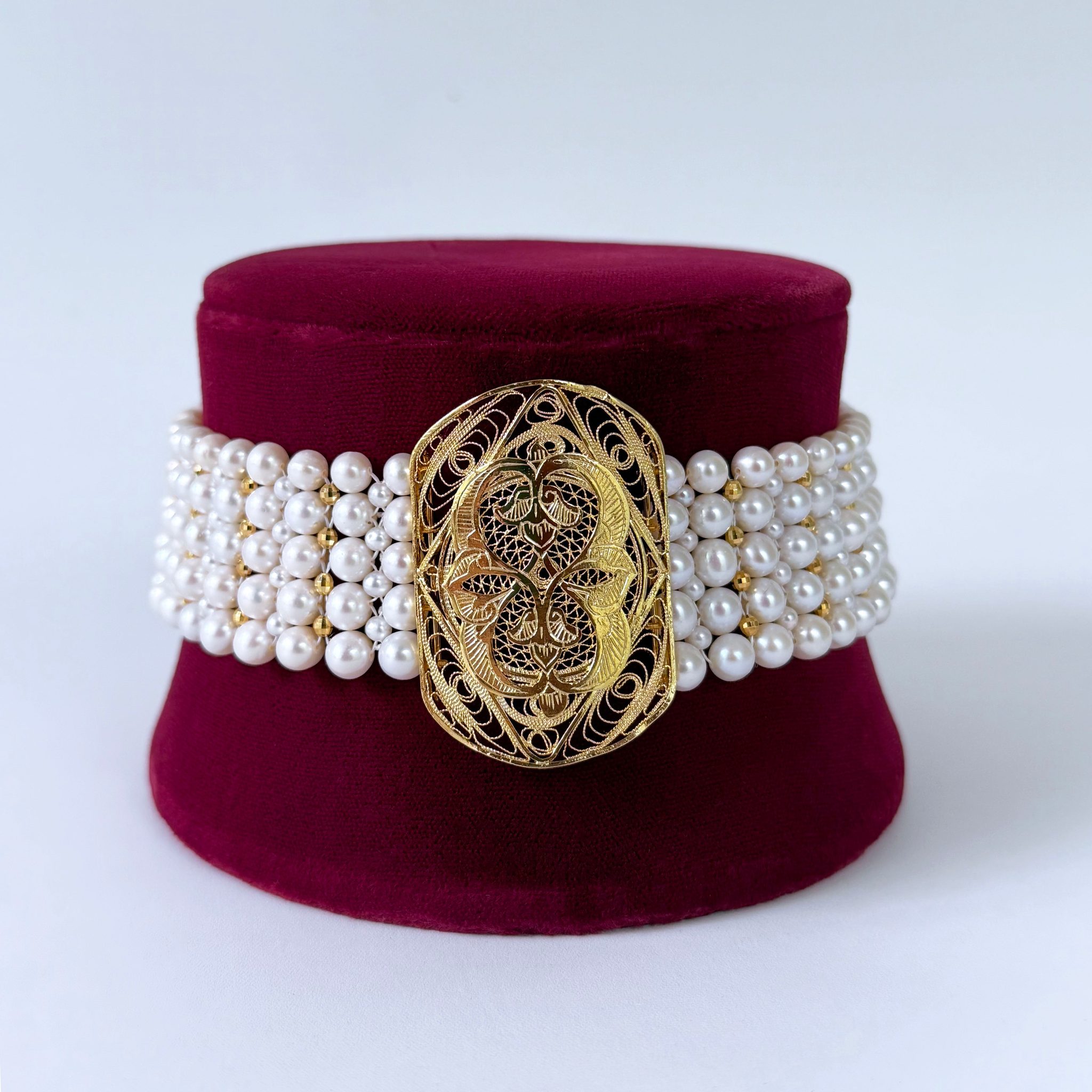 Pearl Woven Choker with Vintage Filigree Centerpiece