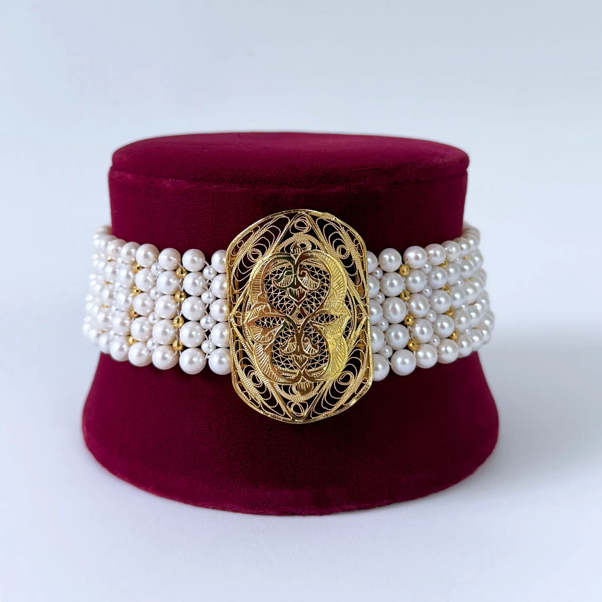 Pearl Woven Choker with Vintage Filigree Centerpiece - Image 2