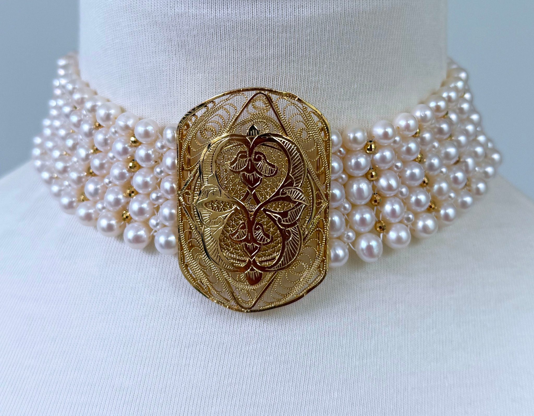 Pearl Woven Choker with Vintage Filigree Centerpiece - Image 3