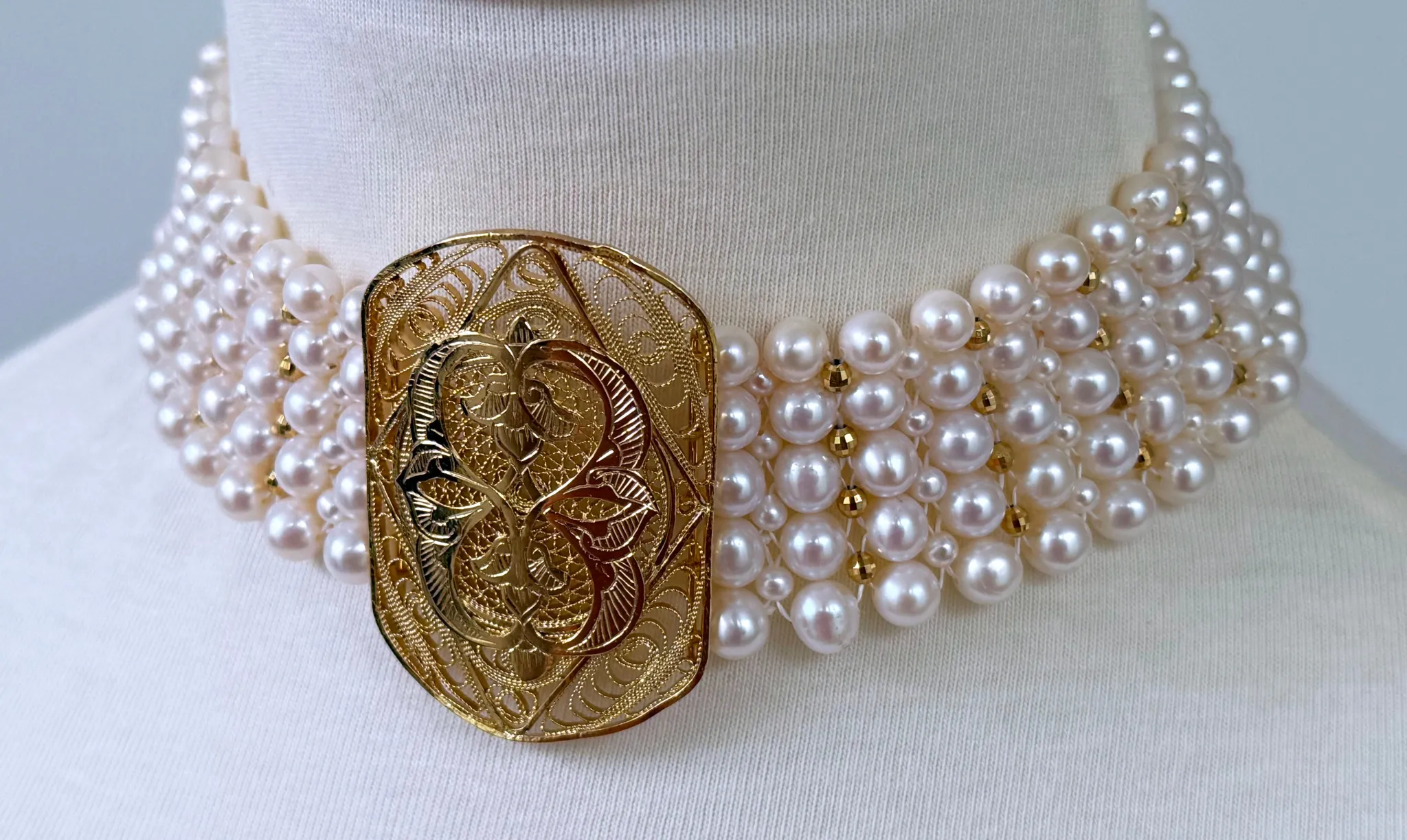 Pearl Woven Choker with Vintage Filigree Centerpiece - Image 10