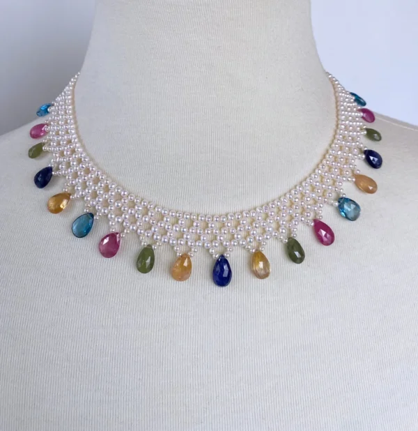 Pearl Woven Necklace w Multi Semi Precious Stones and 14k Yellow Gold