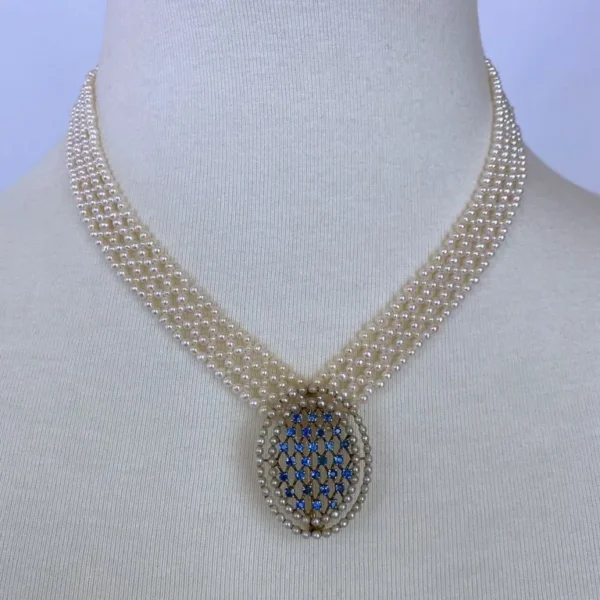 Pearl woven Necklace with 14k Vintage Blue Sapphire & Pearl Brooch