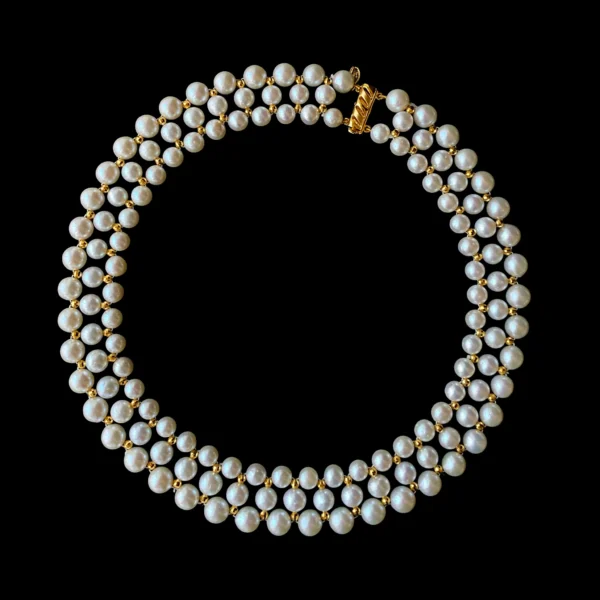 Pearl Woven Necklace with Yellow Gold Plated Faceted Findings & Clasp