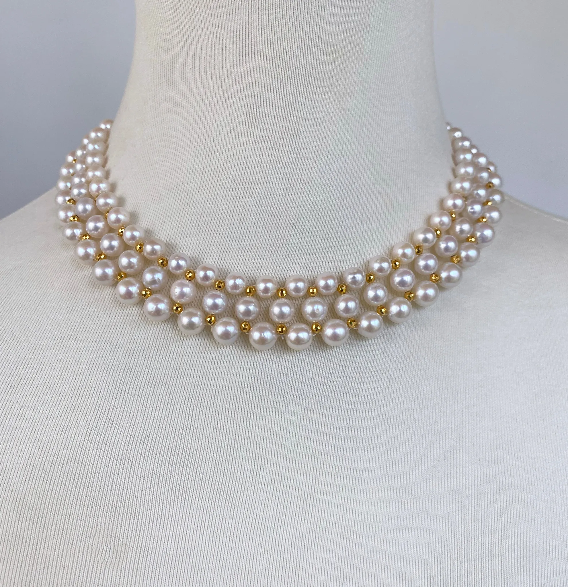Pearl Woven Necklace with Yellow Gold Plated Faceted Findings & Clasp - Image 2