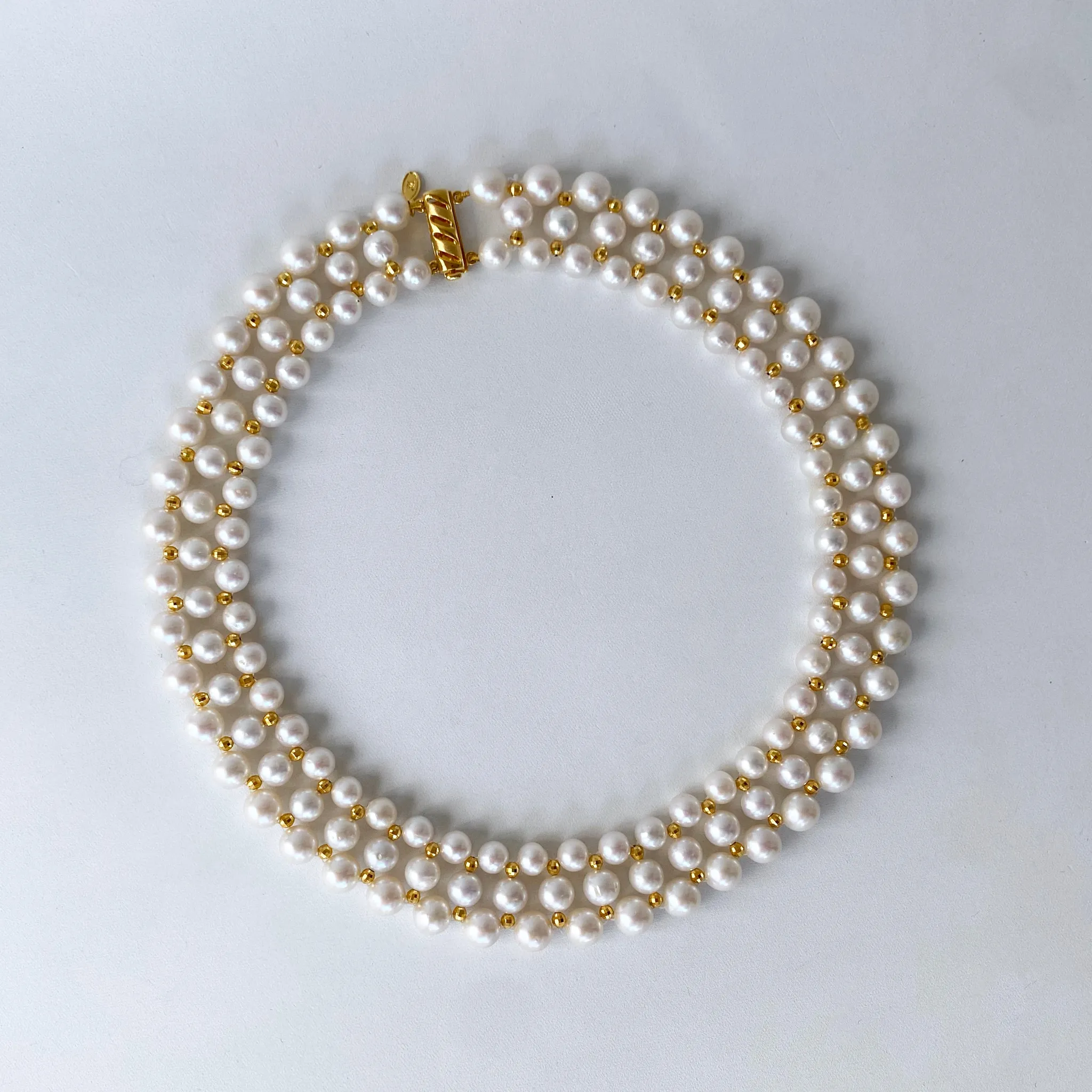 Pearl Woven Necklace with Yellow Gold Plated Faceted Findings & Clasp - Image 4
