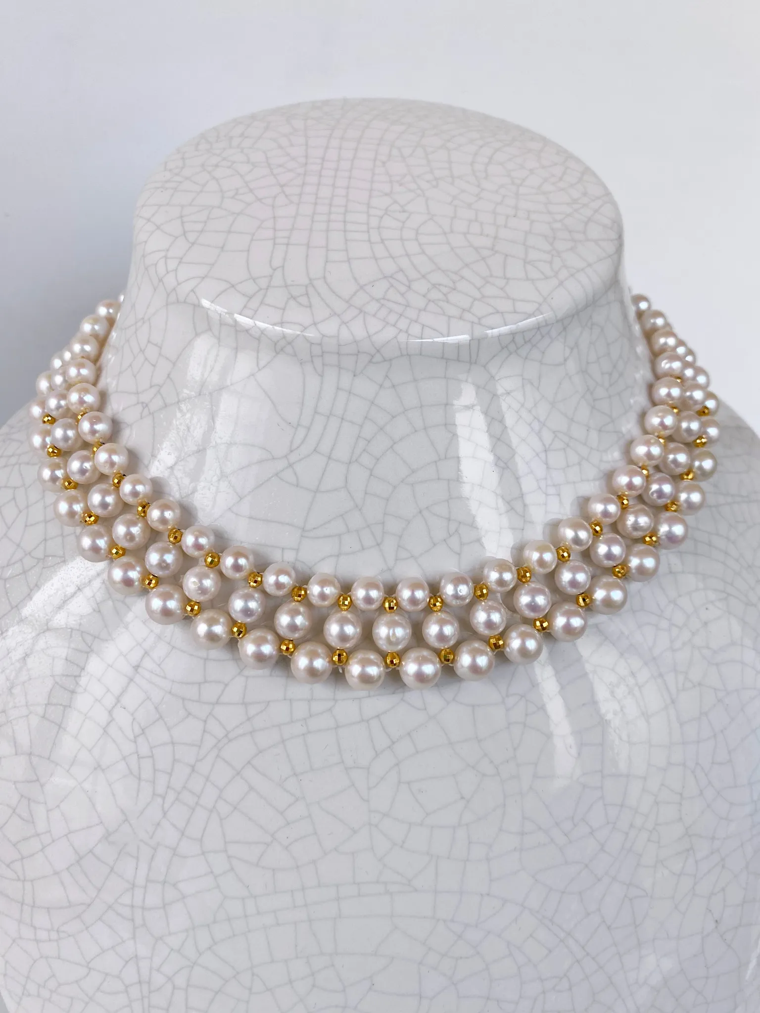 Pearl Woven Necklace with Yellow Gold Plated Faceted Findings & Clasp - Image 5