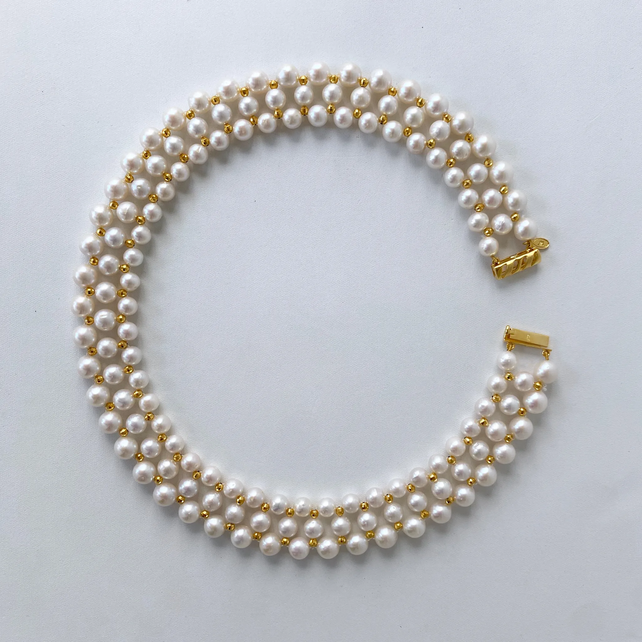 Pearl Woven Necklace with Yellow Gold Plated Faceted Findings & Clasp - Image 6
