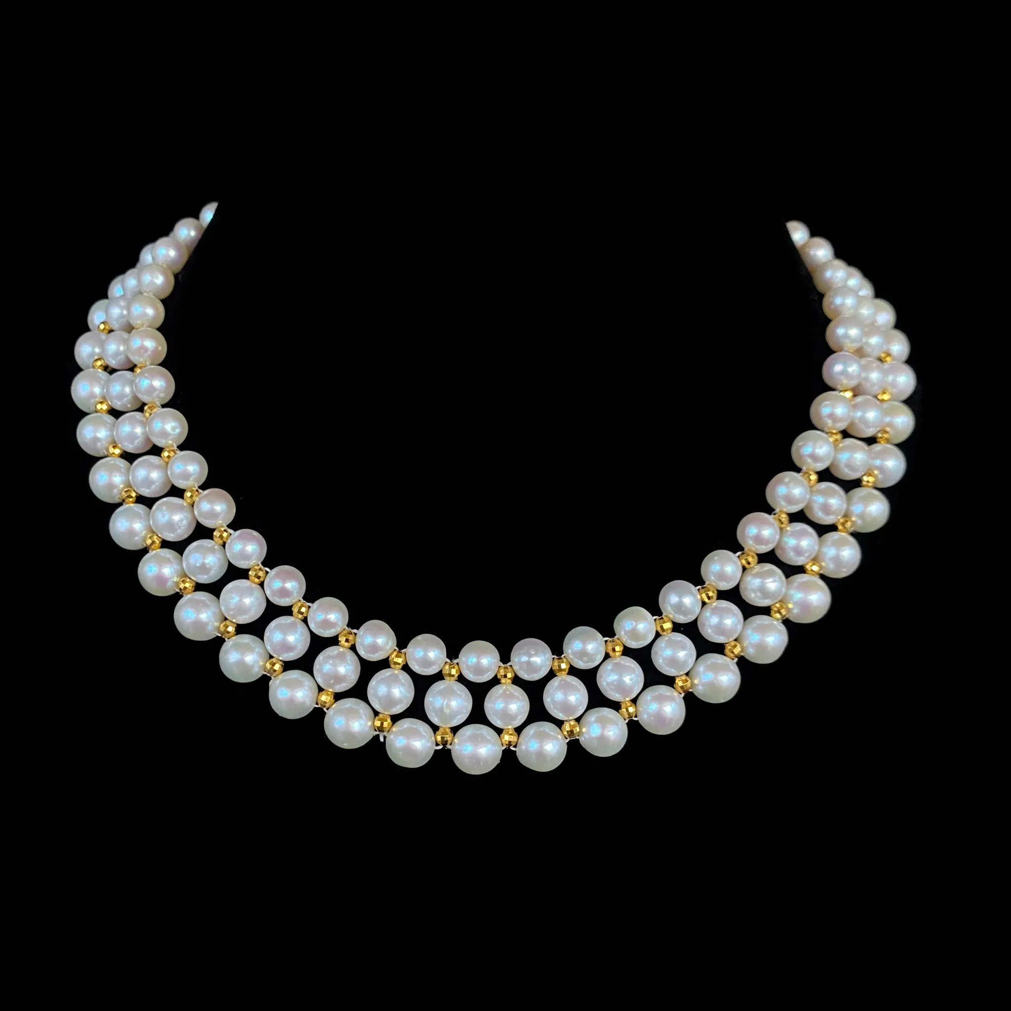 Pearl Woven Necklace with Yellow Gold Plated Faceted Findings & Clasp - Image 7