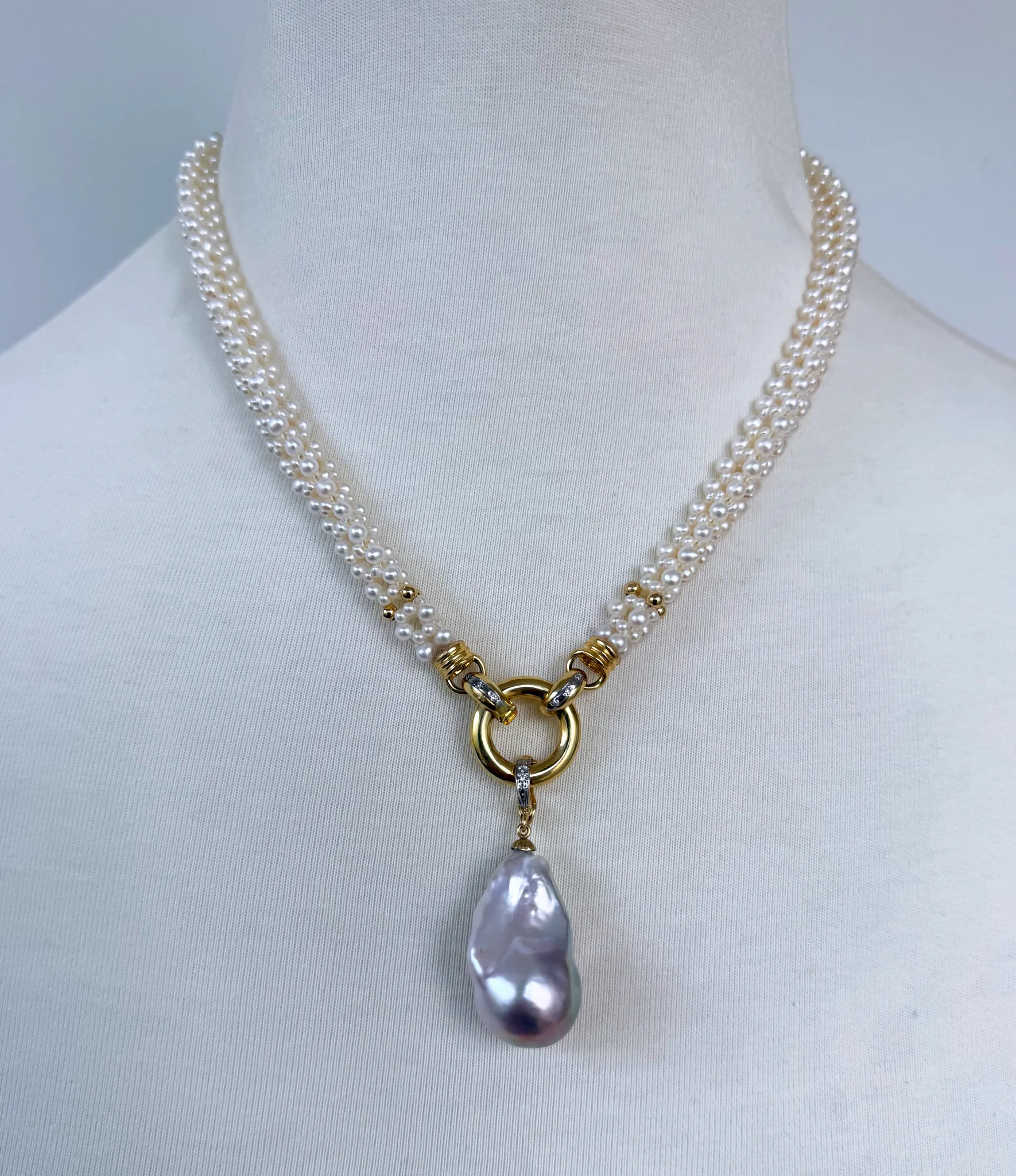 Pearl Woven Rope Necklace with Diamonds, Solid 14k Gold & Baroque Pearl - Image 2