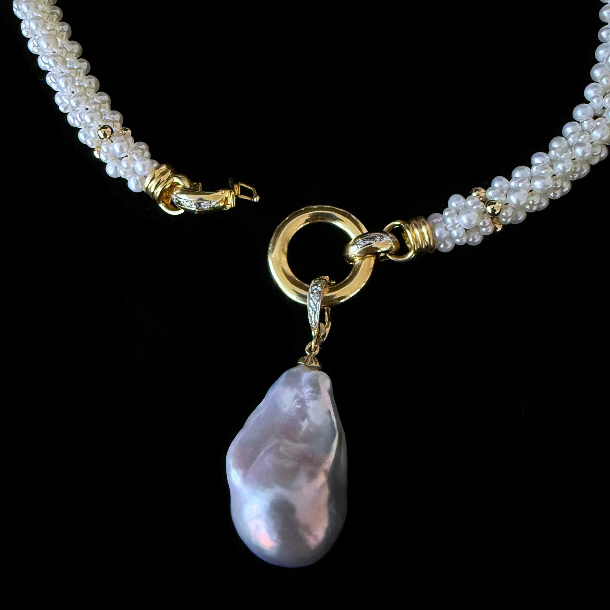 Pearl Woven Rope Necklace with Diamonds, Solid 14k Gold & Baroque Pearl - Image 3