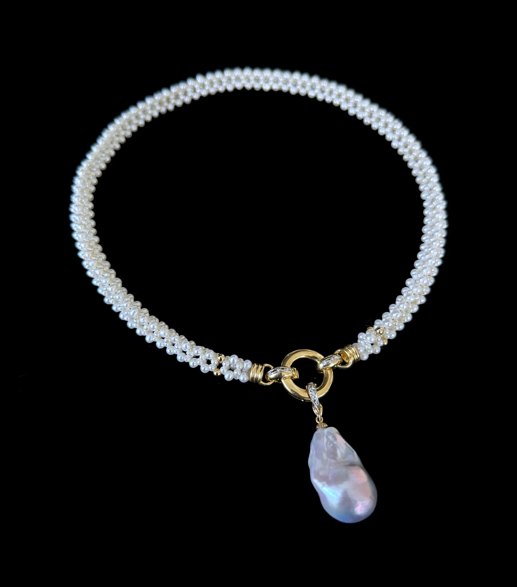 Pearl Woven Rope Necklace with Diamonds, Solid 14k Gold & Baroque Pearl - Image 4