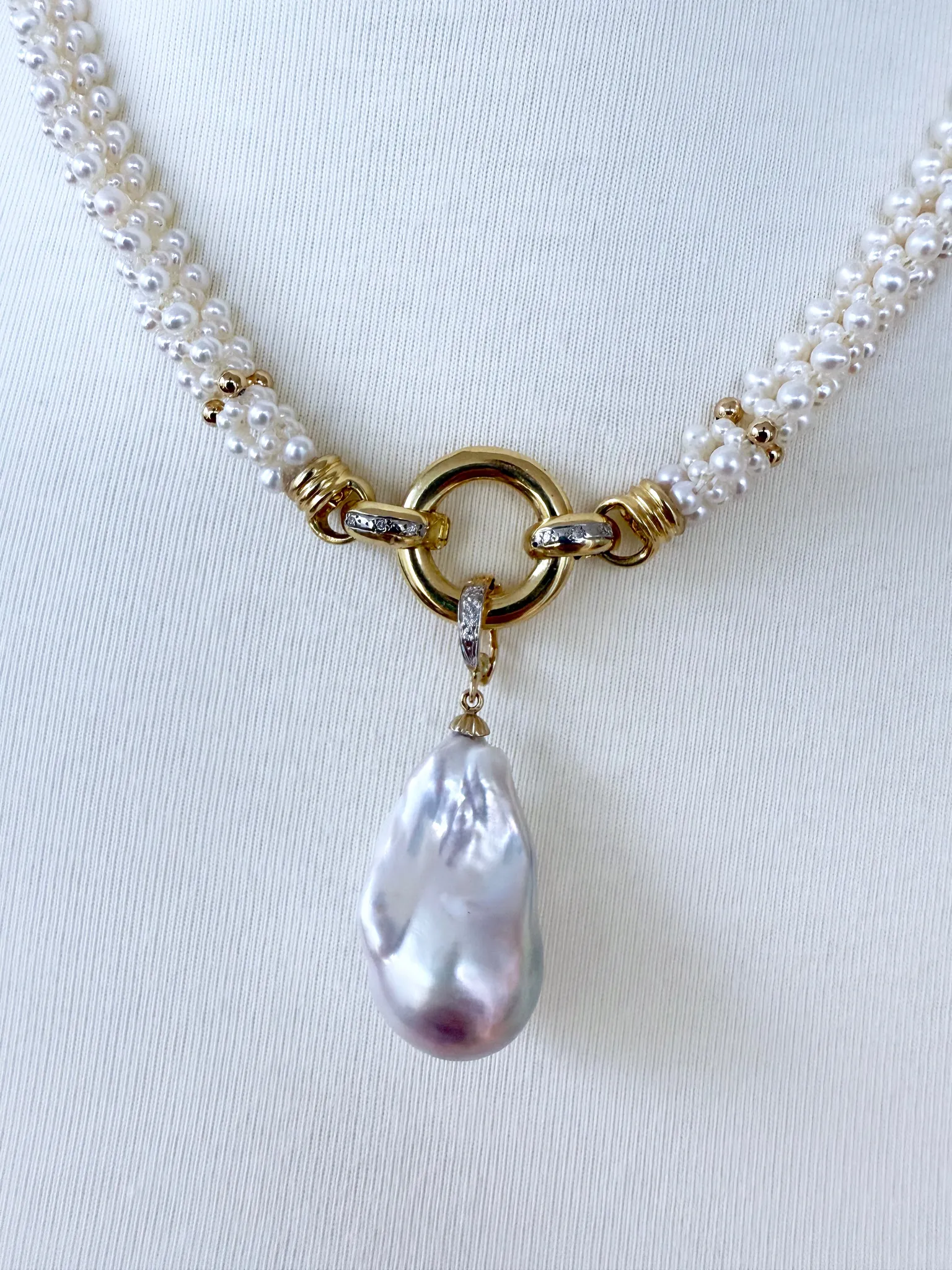 Pearl Woven Rope Necklace with Diamonds, Solid 14k Gold & Baroque Pearl - Image 5