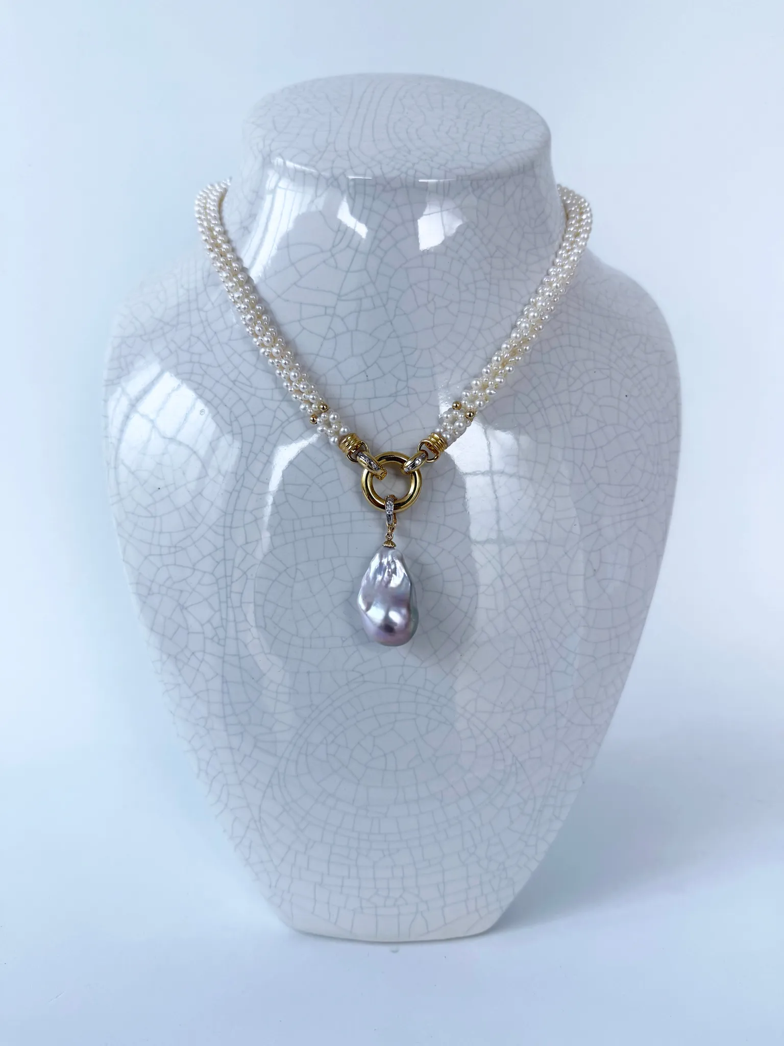 Pearl Woven Rope Necklace with Diamonds, Solid 14k Gold & Baroque Pearl - Image 6