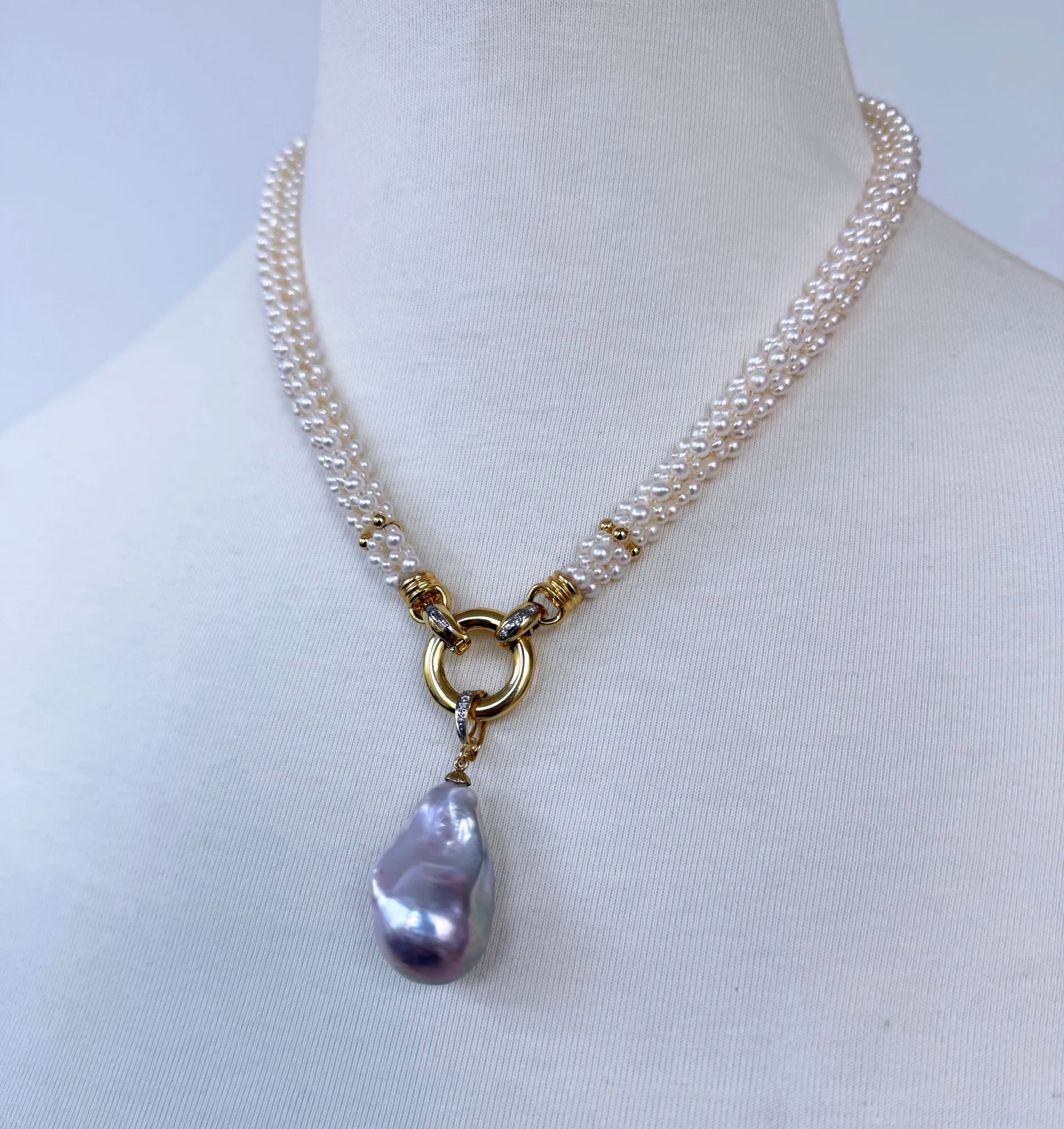 Pearl Woven Rope Necklace with Diamonds, Solid 14k Gold & Baroque Pearl - Image 7