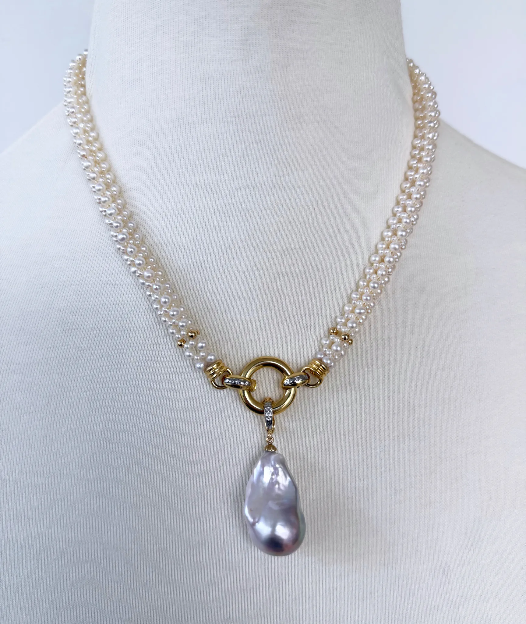 Pearl Woven Rope Necklace with Diamonds, Solid 14k Gold & Baroque Pearl - Image 8