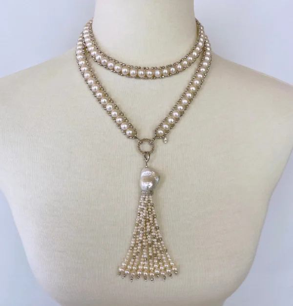 Pearl Woven Sautoir with High Shine "Disco" Diamond Encrusted Tassel
