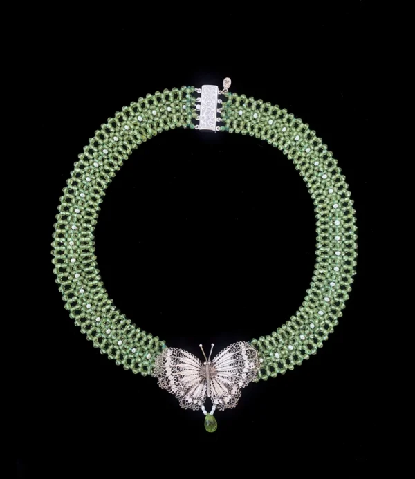 Peridot and Pearl Necklace with Vintage Silver Brooch Centerpiece
