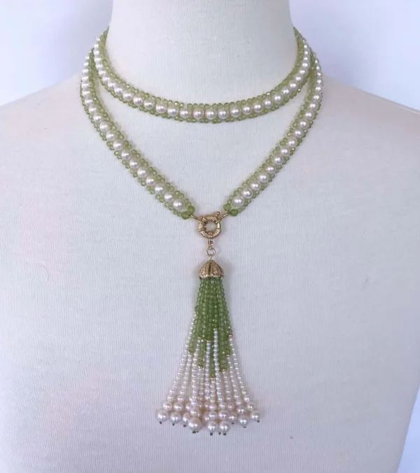 Peridot and Pearl Woven Sautoir with 14k Diamond Encrusted Tassel