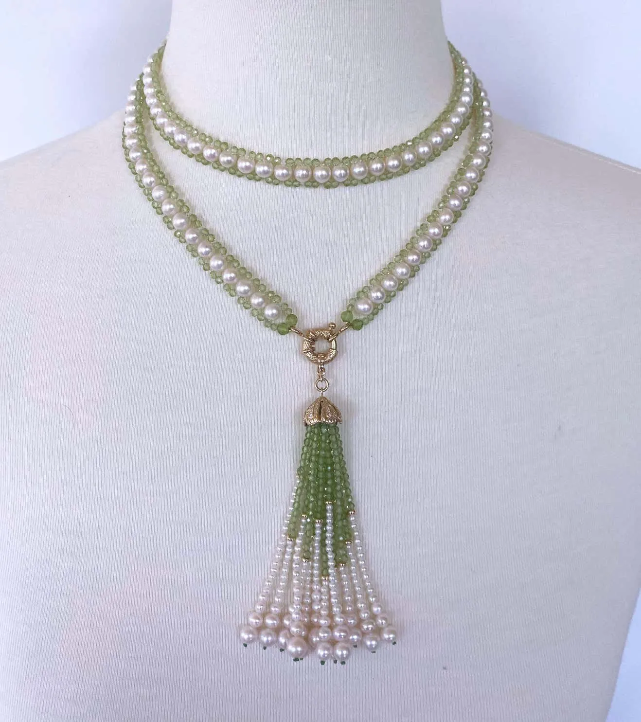 Peridot and Pearl Woven Sautoir with 14k Diamond Encrusted Tassel