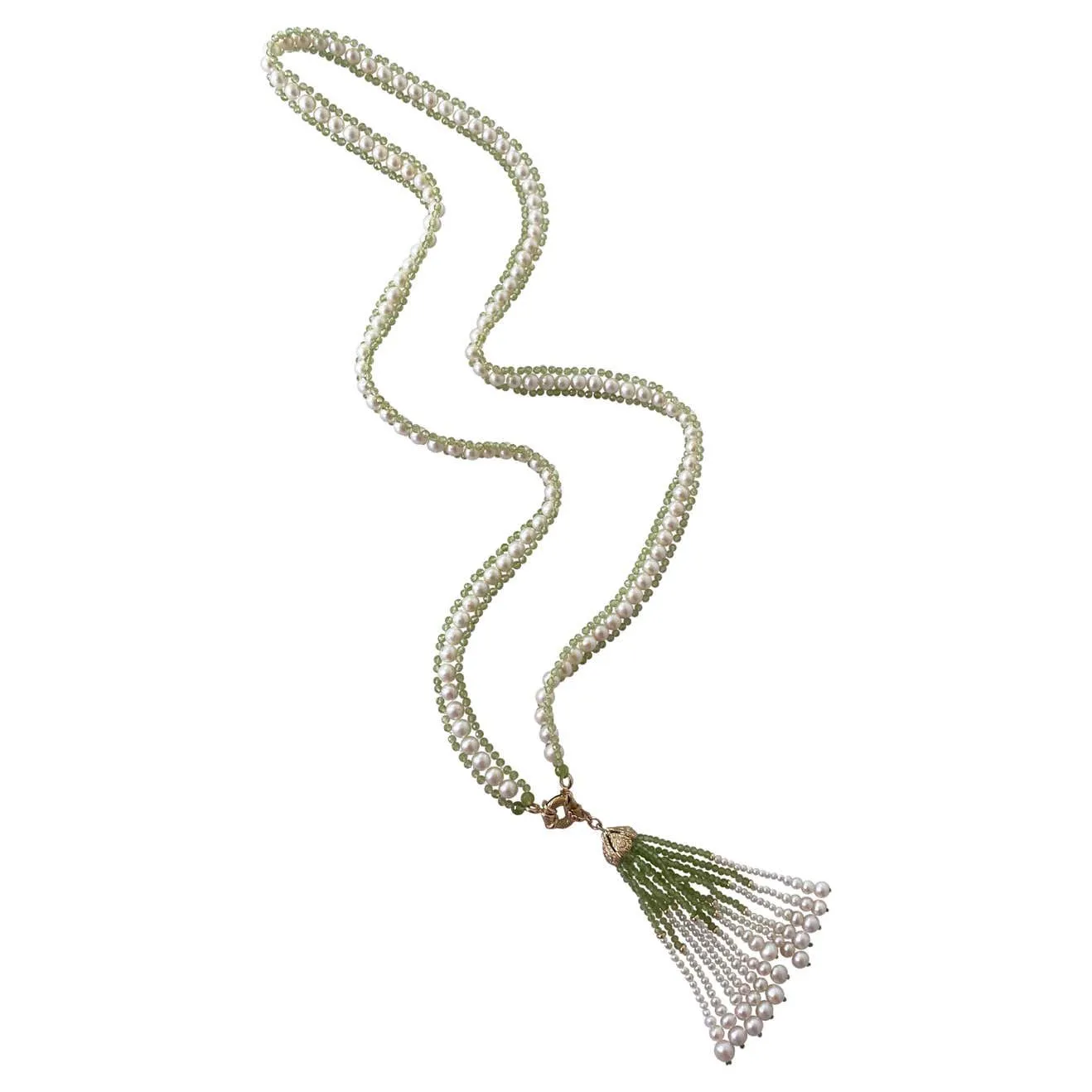 Peridot and Pearl Woven Sautoir with 14k Diamond Encrusted Tassel - Image 2