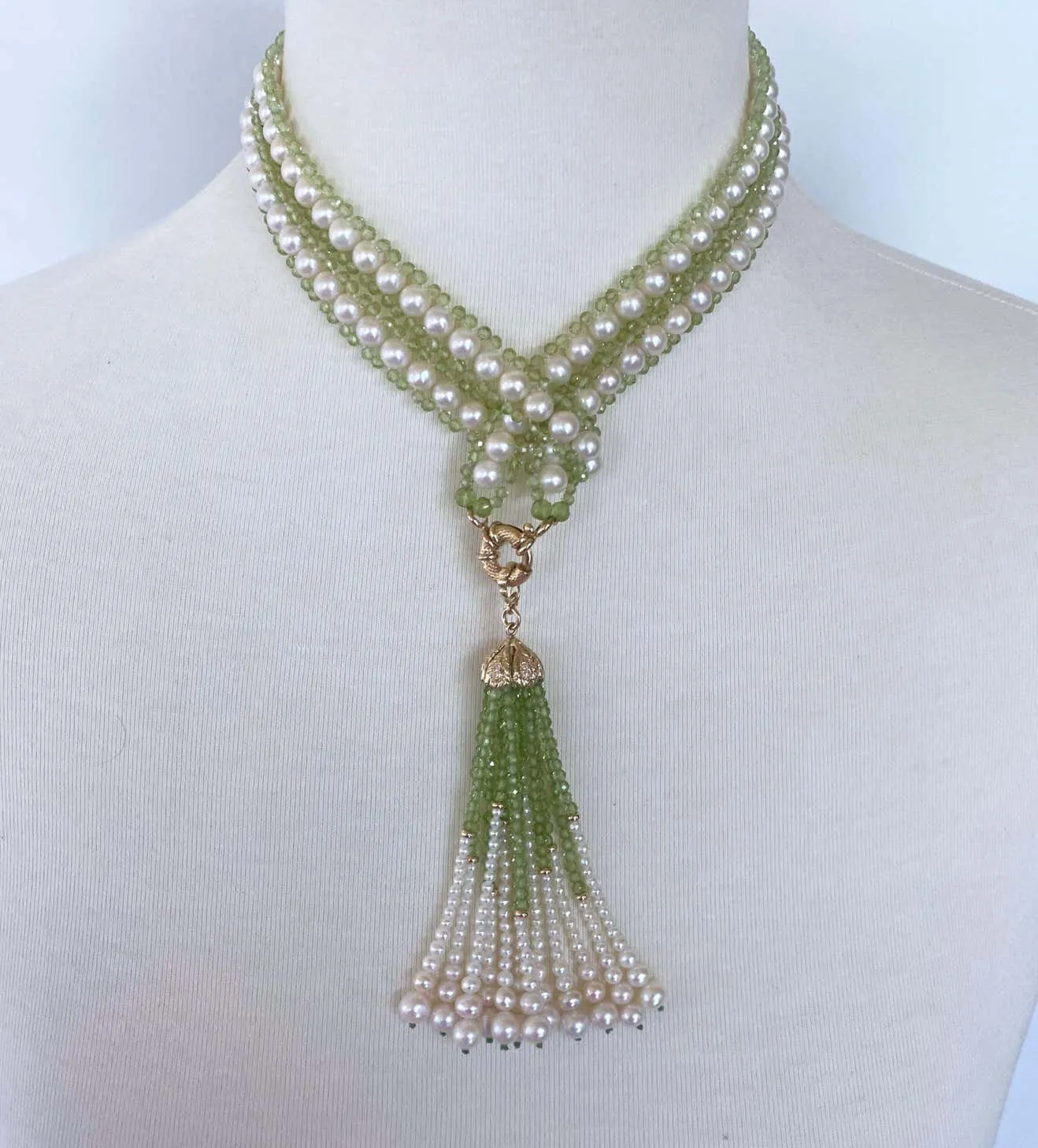 Peridot and Pearl Woven Sautoir with 14k Diamond Encrusted Tassel - Image 3