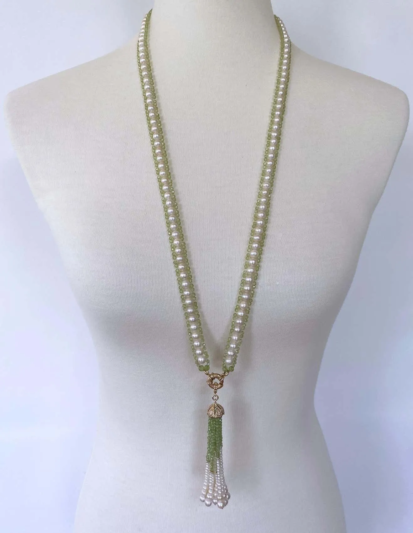 Peridot and Pearl Woven Sautoir with 14k Diamond Encrusted Tassel - Image 4