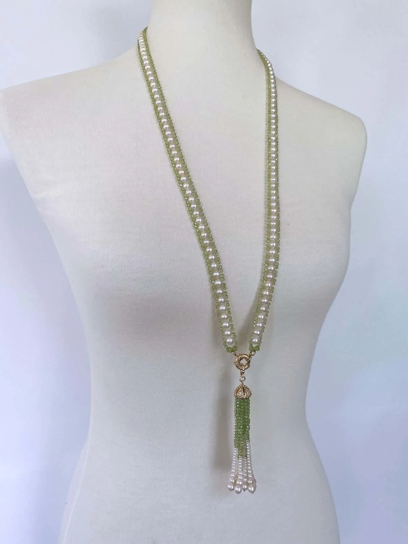 Peridot and Pearl Woven Sautoir with 14k Diamond Encrusted Tassel - Image 5
