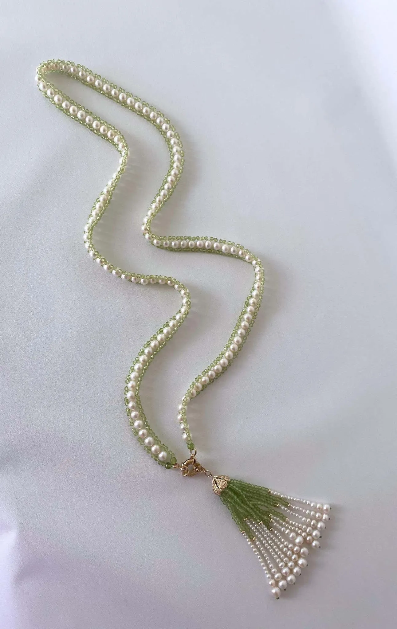 Peridot and Pearl Woven Sautoir with 14k Diamond Encrusted Tassel - Image 6