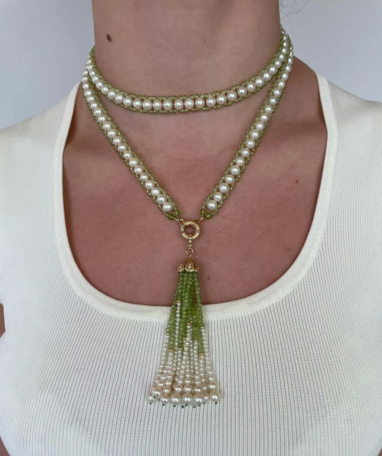 Peridot and Pearl Woven Sautoir with 14k Diamond Encrusted Tassel - Image 7