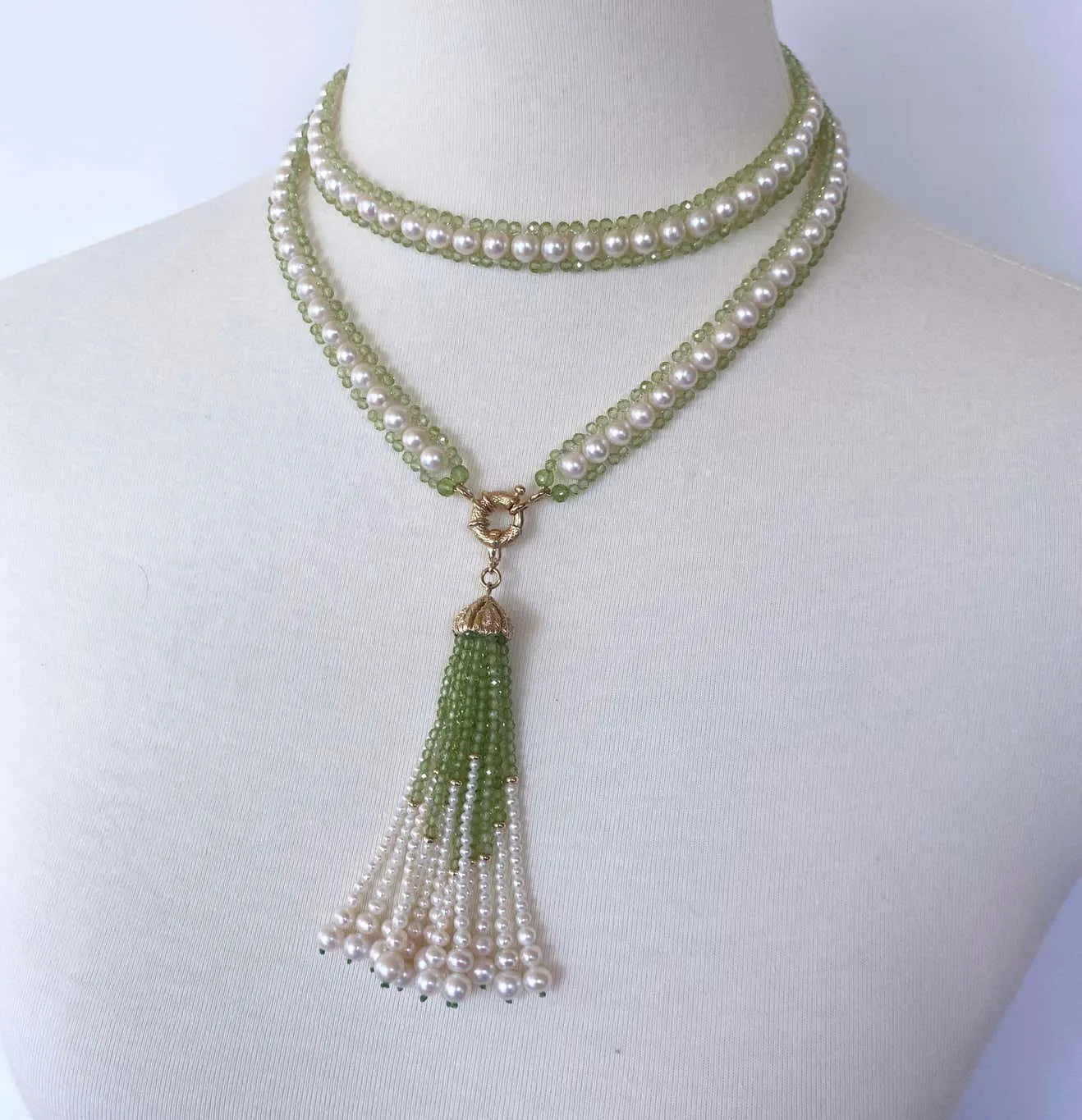 Peridot and Pearl Woven Sautoir with 14k Diamond Encrusted Tassel - Image 8