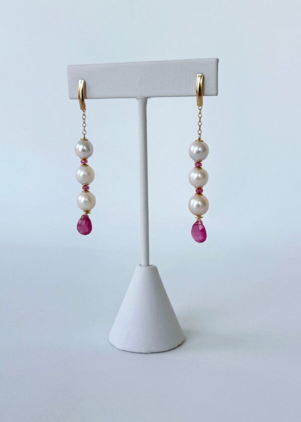 Pink Sapphire, Pearl & Solid 14k Yellow Gold Dangle Earrings