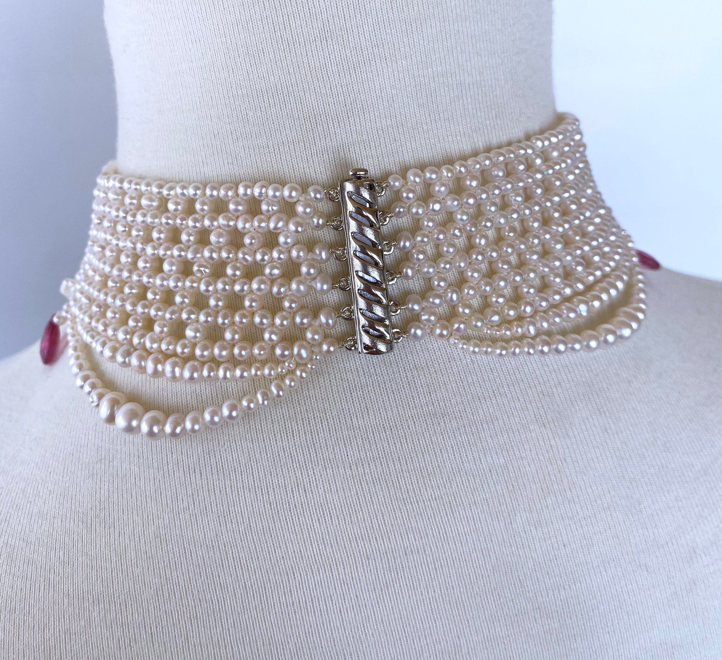 Pink Sapphire & Pearl Woven Choker with Rhodium Plated Silver Clasp - Image 3