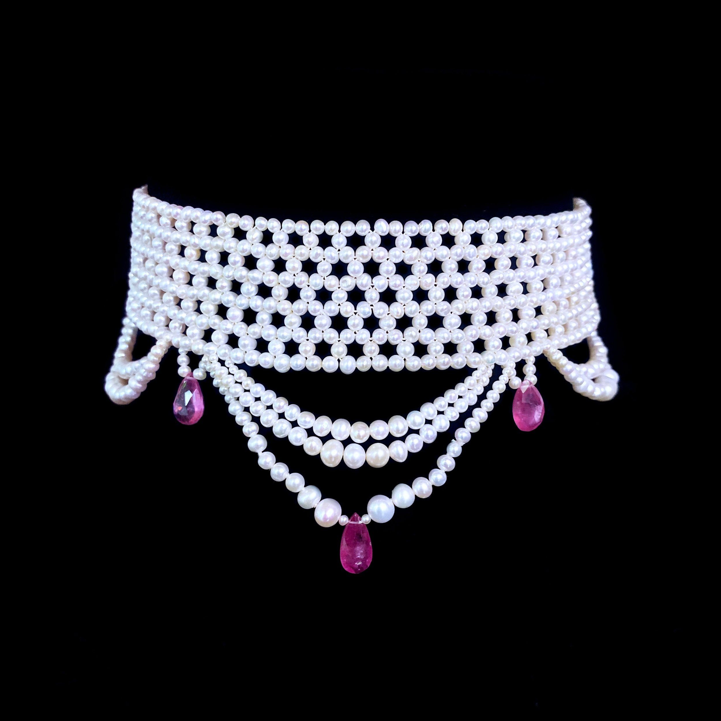 Pink Sapphire & Pearl Woven Choker with Rhodium Plated Silver Clasp - Image 4
