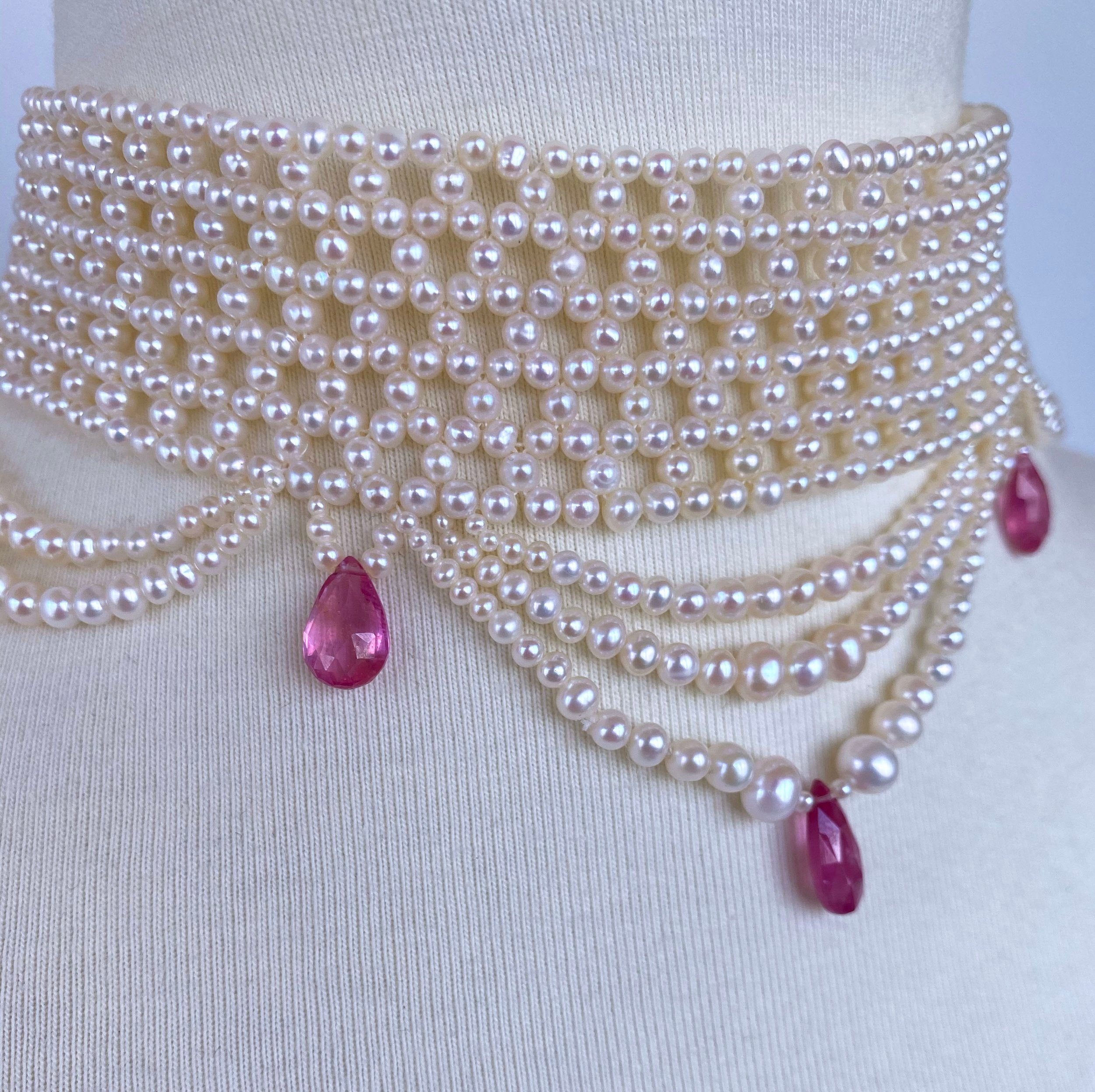 Pink Sapphire & Pearl Woven Choker with Rhodium Plated Silver Clasp - Image 5