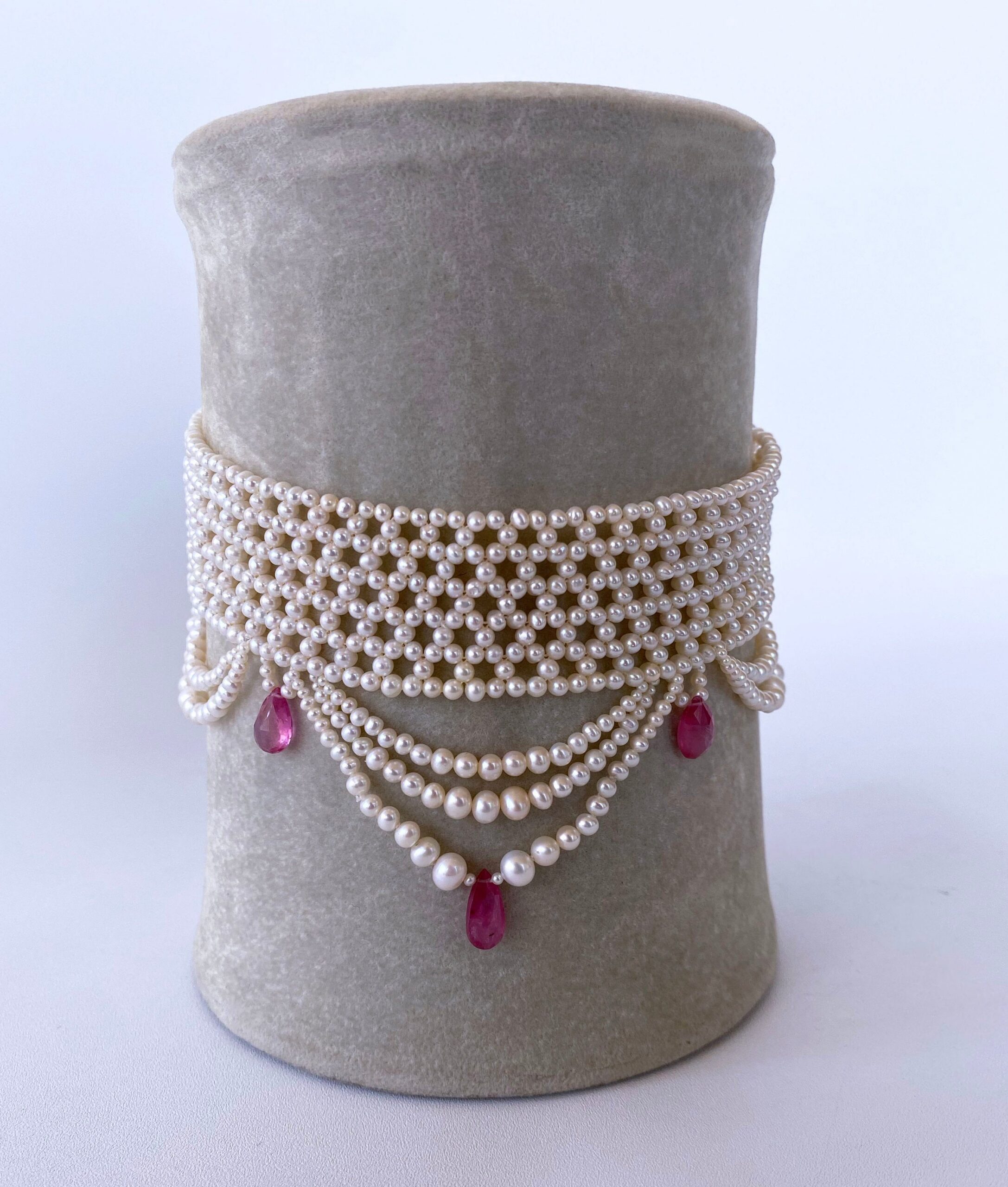 Pink Sapphire & Pearl Woven Choker with Rhodium Plated Silver Clasp - Image 6