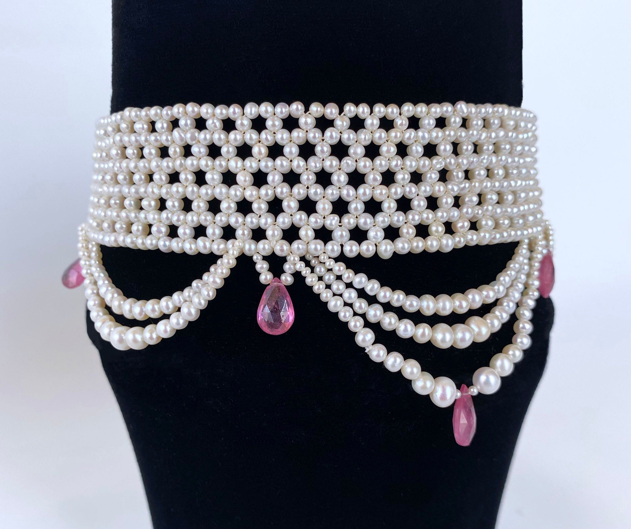Pink Sapphire & Pearl Woven Choker with Rhodium Plated Silver Clasp - Image 8