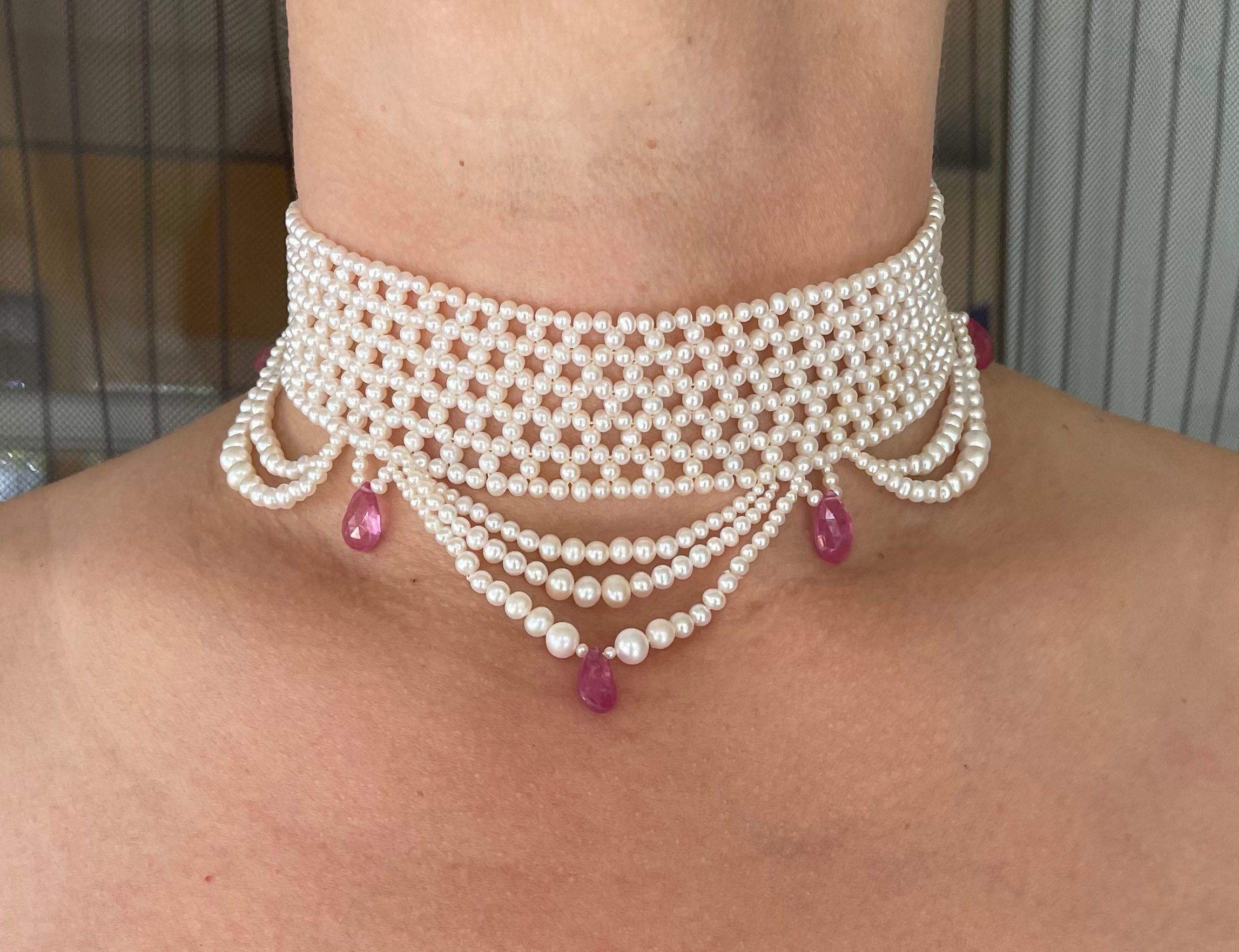 Pink Sapphire & Pearl Woven Choker with Rhodium Plated Silver Clasp - Image 9