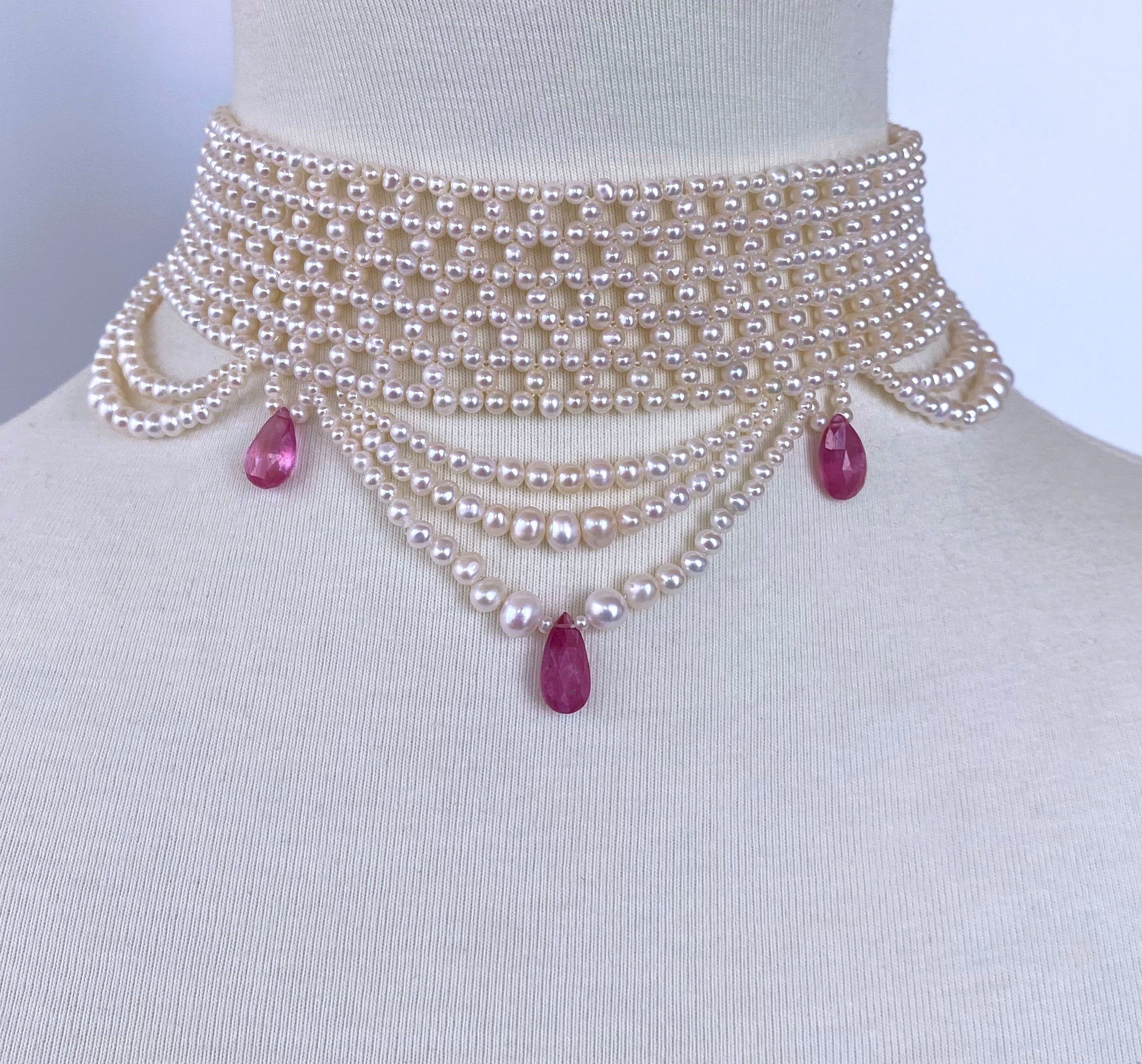 Pink Sapphire & Pearl Woven Choker with Rhodium Plated Silver Clasp - Image 10